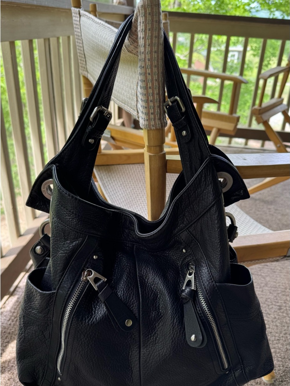 b. makowsky Black Pebbled Leather Shoulder Bag with Front Zips - Picture 5 of 7